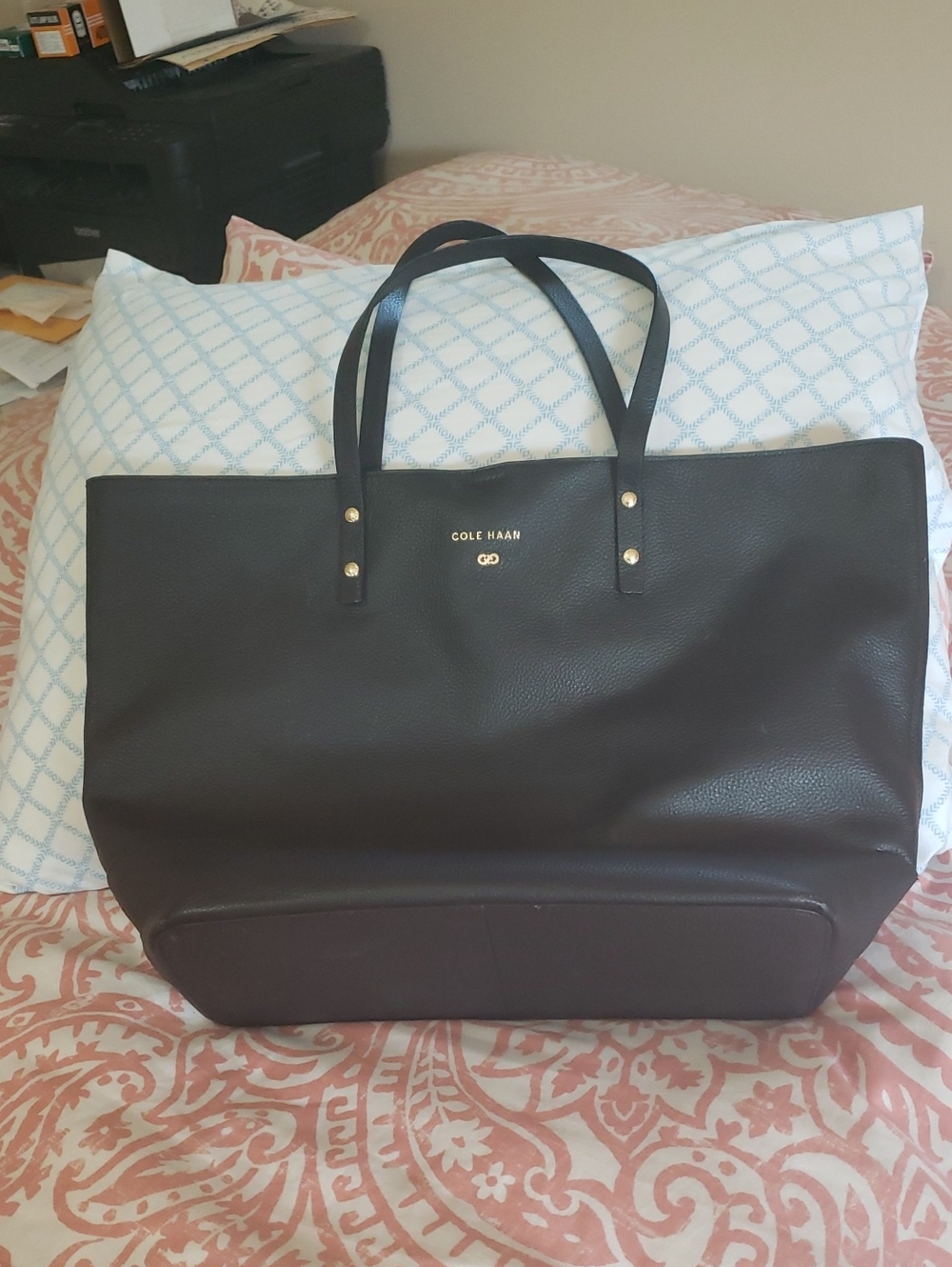 Cole Haan Black Pebbled Leather Tote with Gold Hardware